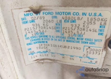 1989 Ford Ranger из США, поврежденный, VIN 1FTCR10A1KUB21990